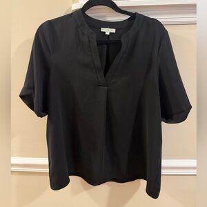 Jade Black Split-Neck V Neck Short Sleeve Blouse